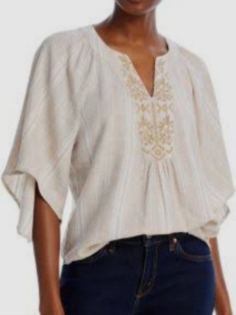 Cupio Linen Blend Embroidered V-Neck Flutter Sleeve Blouse Beige Striped Highlow